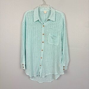 Surf Gypsy Open Knit Button Down Shirt Light Blue Sz M